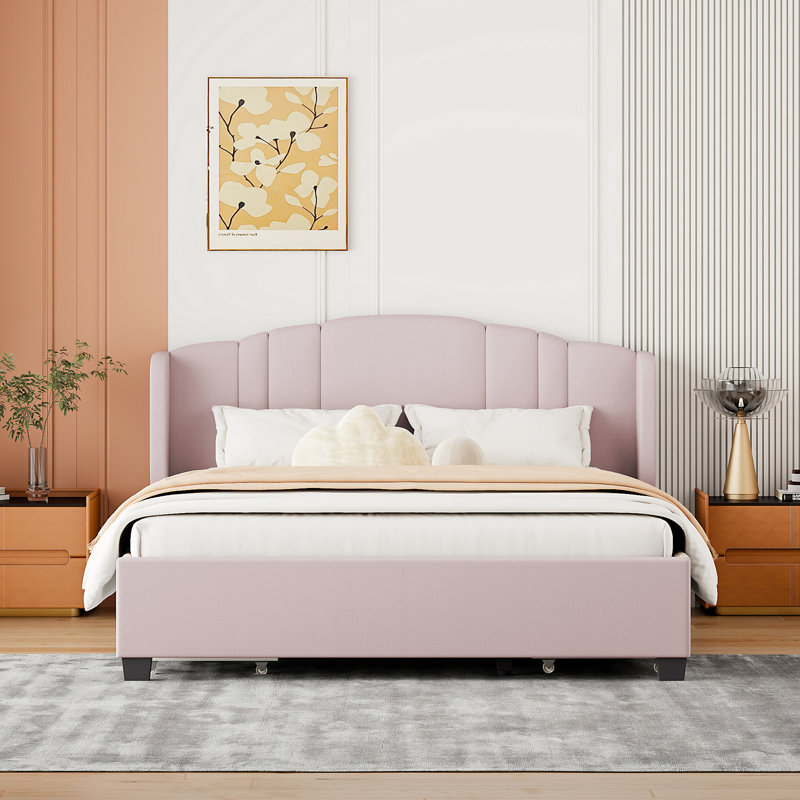Aretin Upholstered Wingback Bed and 4 Drawers,Storage Bed,Platform Bed,Bed Frame, Pink
