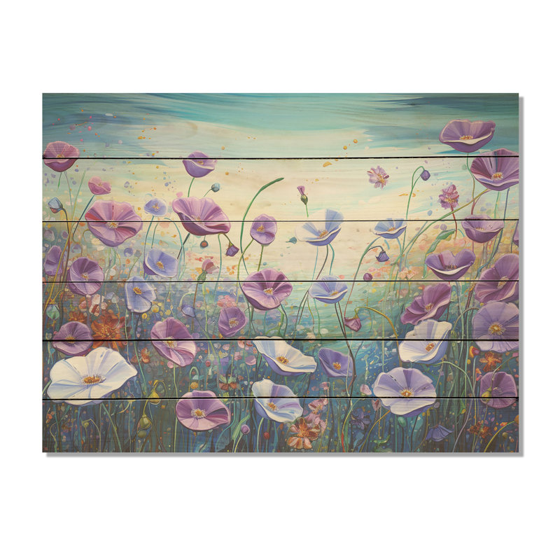 «Purple Morning Glory», champ de fleurs, art mural en bois sur bois de pin naturel, H 10 po x l 20 po
