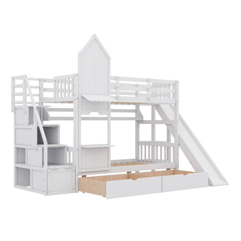 Lit superposé de style château avec deux tiroirs, trois tablettes et une glissade, Simple, Blanc