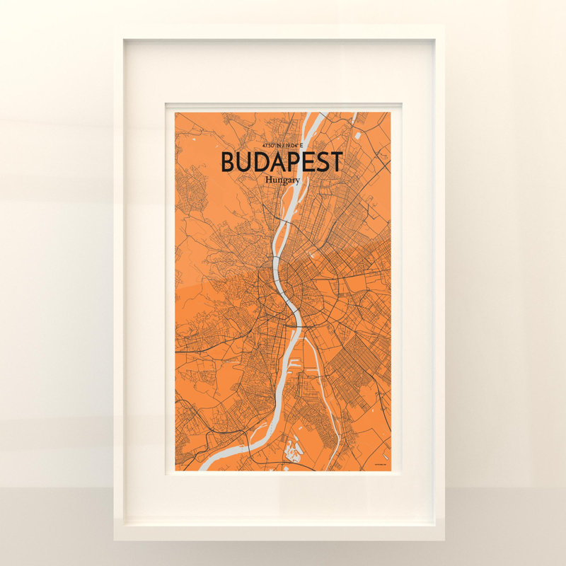 Budapest City Map In Orange - No Frame Print, 17cm H x 11cm W x 0.05cm D