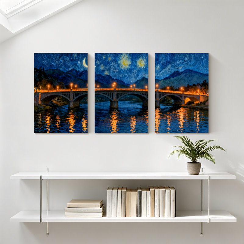 Abstrait nuit étoilée, pont, réflexion, ensemble de 3 impressions sur toile, H 18 po x l 36 po
