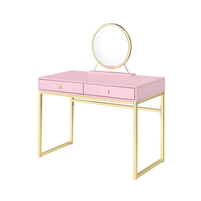 Bureau de meuble-lavabo avec finition rose et or, conception rectangulaire, poignée en cristal, cadre en métal, miroir inclus, plateau à bijoux, 2 tiroirs de rangement avec tiroirs, glissière de tiroir centrale