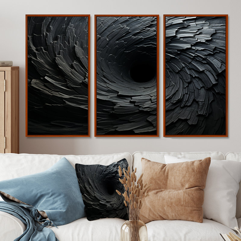 «Black Spiraling Fractal Spiral», art mural abstrait en spirale, H 28 po x l 36 po x P 1 po, Cadre flottant brun
