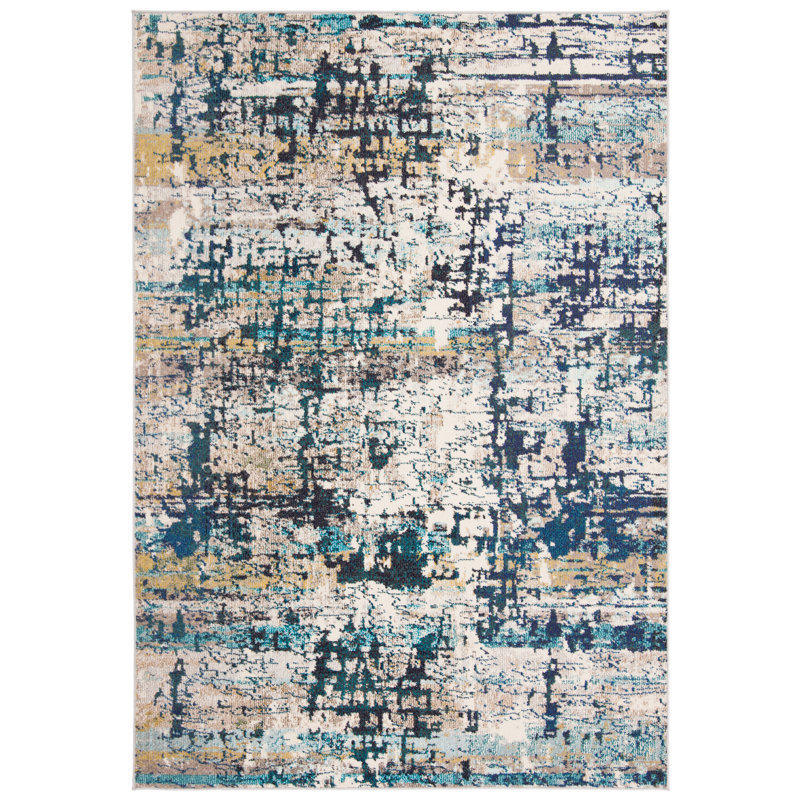 Felty Abstract Cream/Blue Area Rug, Rectangle 3' x 5'