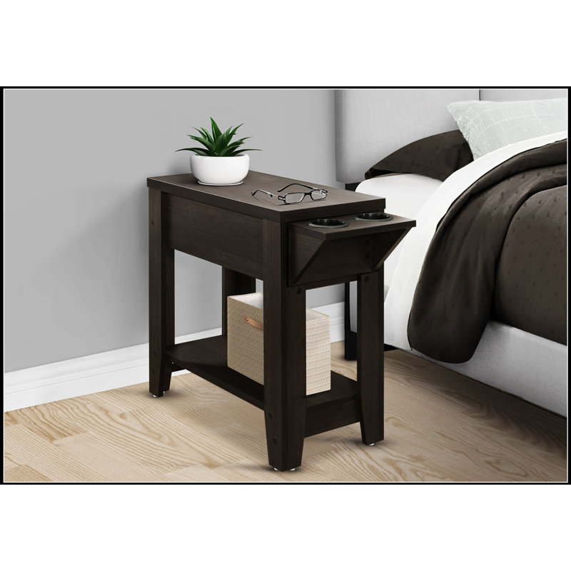 Table d'appoint compacte à finition espresso avec porte-gobelet intégré et rangement caché, parfaite pour le salon et la chambre à coucher