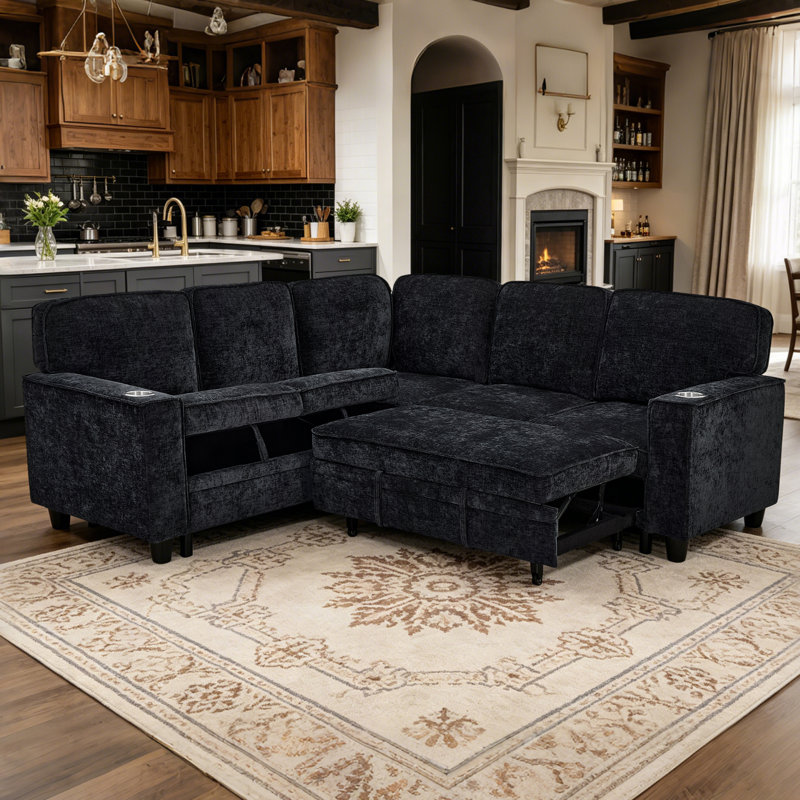 Muli 3-Piece Black Chenille Sectional Sofa Sleeper with Storage and USB Charge, Black Chenille