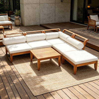 6 Piece Patio Sofa Set, Acacia Wood Outdoor Modular Sectional Garden Furniture Set L-Shaped Conversation Set