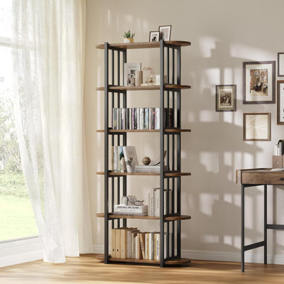 71-Inch 6-Tier Industrial Wooden Bookshelf with Metal Frame Large Open Storage Shelf for Living Room  Bedroom  Office (Brown and Black  Flat)