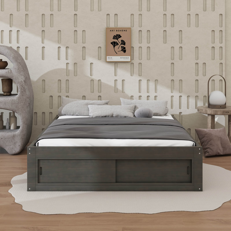 Lit plateforme avec tiroirs, cadre de lit en bois avec casier de rangement au pied de lit, sans tête de lit, Antique Grey