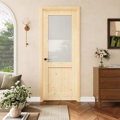 Porte pré-suspendue intérieure en bois de pin et verre givré 28 po x 80 po avec charnières noires, charnière de porte d'intimité en verre avec cadre, porte intérieure comme garde-manger, porte de chambre à coucher, porte de buanderie, portes de placard, portes de pièce, droite