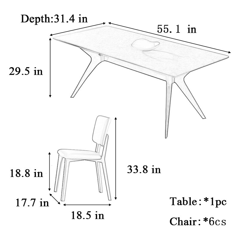 Modern simple table chair combination, H 29,5 po x L 55,1 po x l 31,4 po