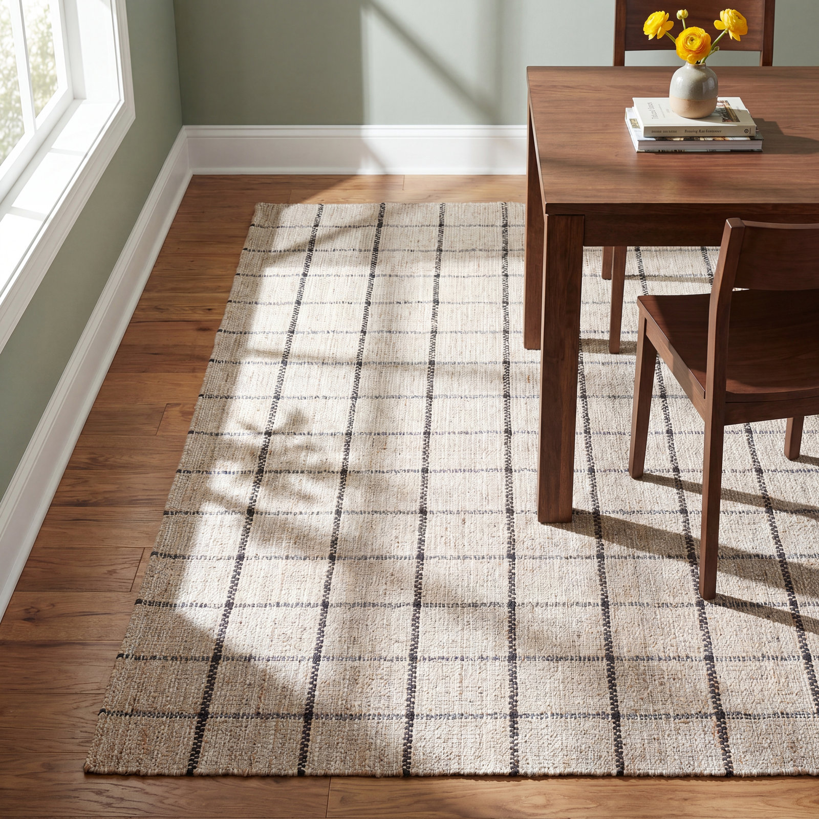 Abagail Black Beige Hand-Loomed Checkered Jute Rug, Rectangle 5' x 8'