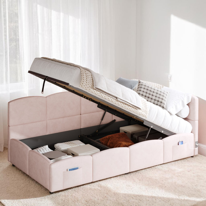 Upholstered Storage Bed, Pink Velvet
