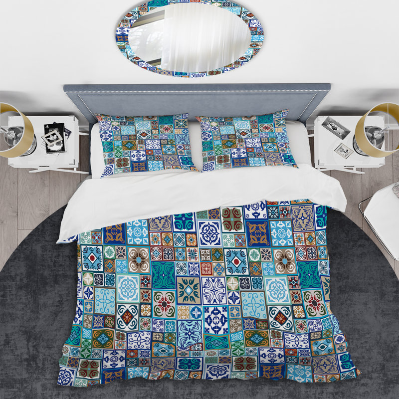 Ensemble de housse de couette à motif patchwork en céramique bleue, Housse de couette pour très grand lit et 2 très