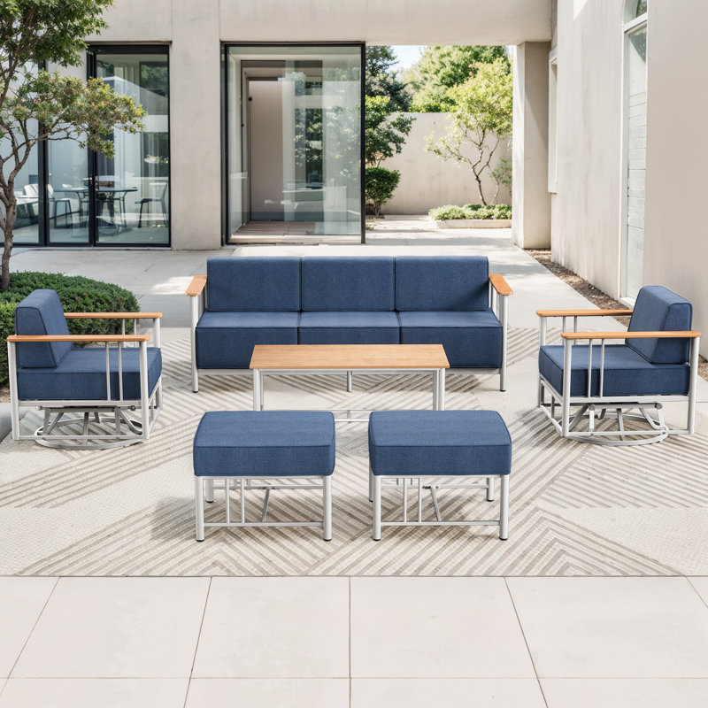 Ensemble de patio 6 pièces en osier toutes saisons avec canapé 3 places, 2 chaises pivotantes et table basse, Bleu, Blanc