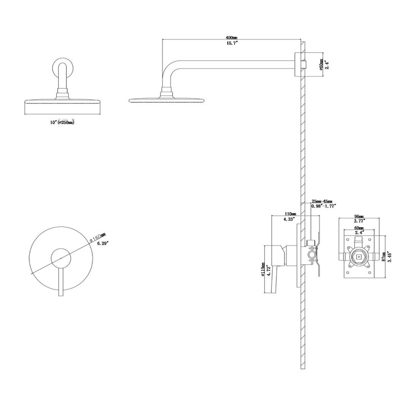 Ensemble de robinet de douche, système de douche avec pomme de douche à effet de pluie de 10 pouces et valve de douche