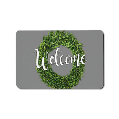 Welcome Green Wreath Door Mat, 24" x 36", Interior Exterior Decor