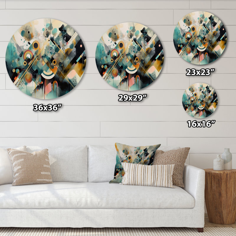 Vert et jaune, expressions artistiques modernes I - art mural rond abstrait sur métal, H 29 po x l 29 po x P 1 po