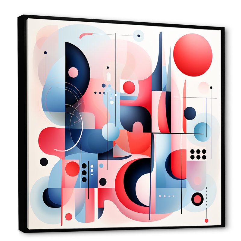 Bleu et rouge Mid Century Form - reproduction d'art abstrait mural, Cadre flottant noir, H 30 po x l 30 po x P 1,5 po
