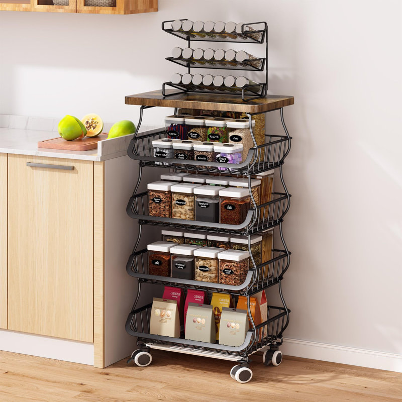 Fruit Basket Kitchen Pantry Organizers And Storage - Wooden Top Table, Stackable Metal Wire Basket Stand Cart , Black
