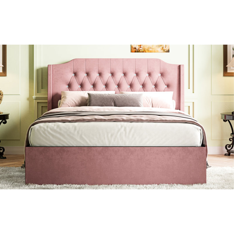 Grand lit rose avec revêtement, boutons en cristal, tête de lit à oreilles et rangement rembourré de grande taille, rangement pour utilisateur, rosé