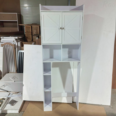 Armoire de rangement au-dessus de la toilette avec tablette réglable, économiseur d'espace de salle de bain avec portes doubles et tablettes ouvertes, support de rangement de toilette autoportant pour le rangement de la salle de bain - Blanc