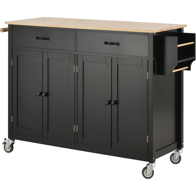 Kitchen Island Cart With Solid Wood Top And Locking Wheels,54.3 Inch Width,4 Door Cabinet And Two Drawers,Spice Rack, Towel Rack (Black)