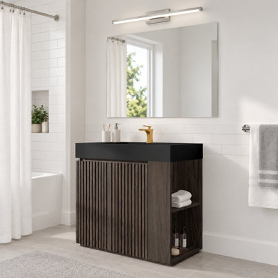 Meuble-lavabo autoportant de 91 cm (36 po) avec lavabo monobloc en surface solide, grand meuble de rangement, fermeture amortie et design moderne.