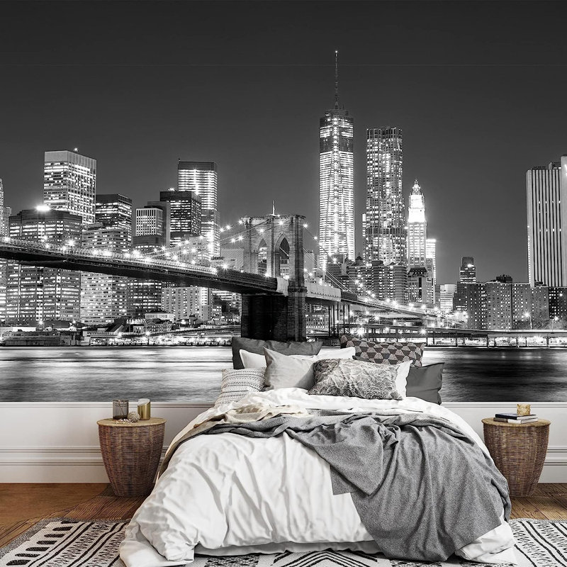 Murale à peindre en noir et blanc avec paysage de Manhattan et pont de Brooklyn, L 100 po x l 144 po