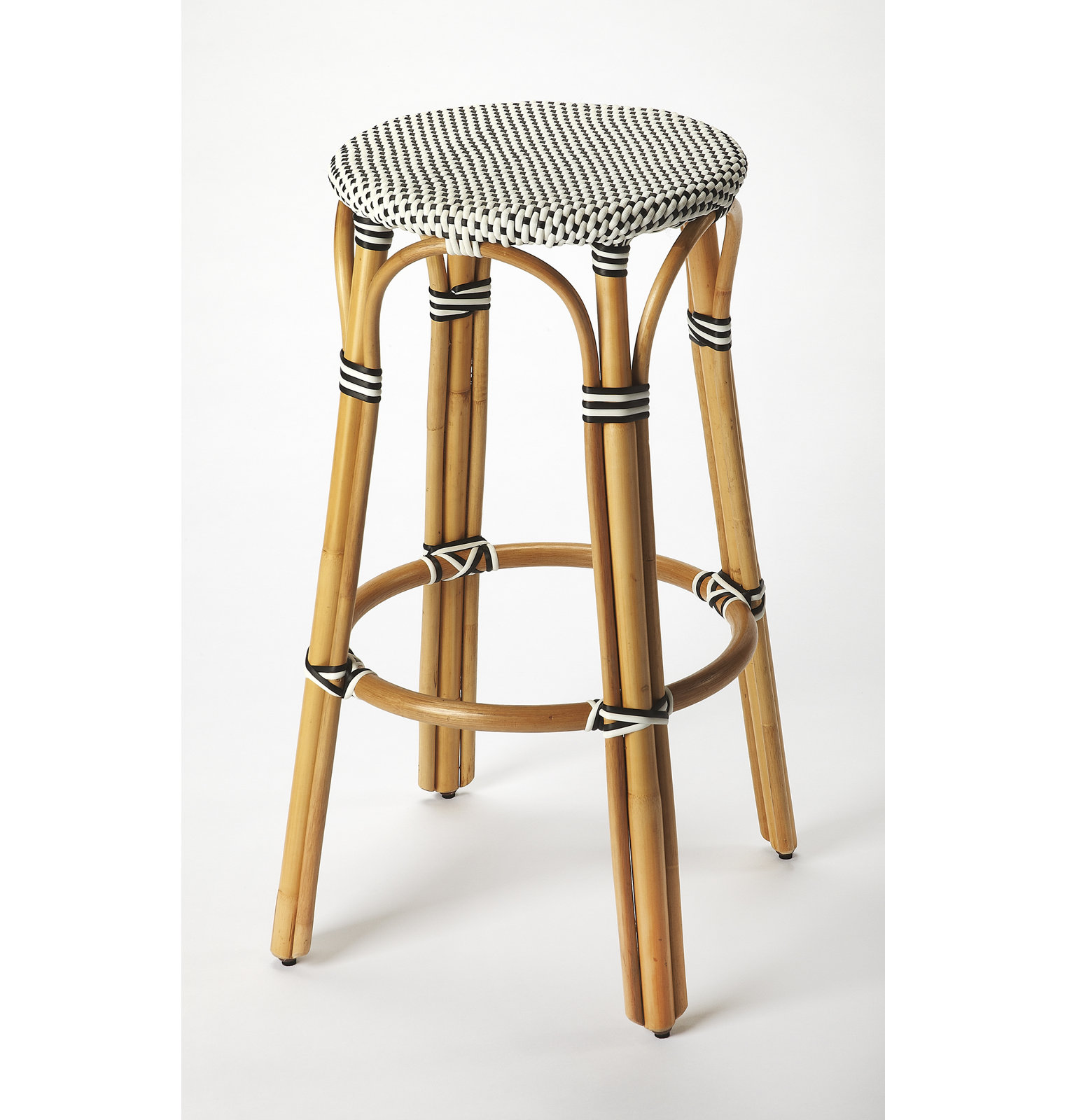 Alastair Bar and Counter Stool, White/Black Dot/Natural Rattan Frame, Bar Stool (30" Seat Height)