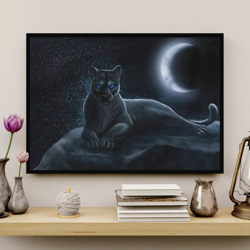 «Black Panther» au clair de lune, toile tendue avec châssis - Illustration animalière, décor à la maison noir et blanc