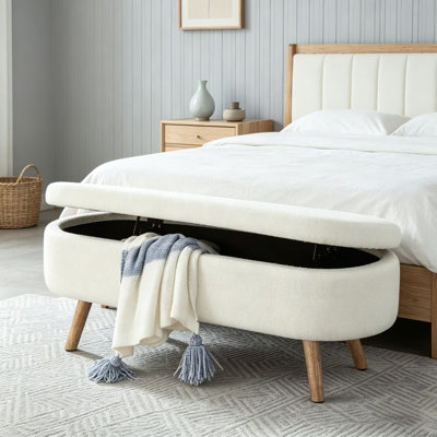 Oval Boucle Storage Ottoman Bench with Wood Legs