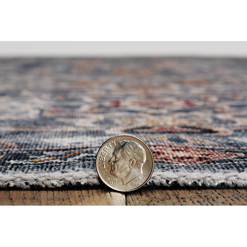 Aspers Machine Washable Teal and Ivory Area Rug, Runner 2' x 8'