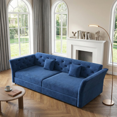 74.4" Queen Pull-Out Sofa Bed, Affordable Convertible Sleeper Sofa with Tufted Velvet Upholstery, Multi-Functional Loveseat for Living Room & Bedroom – Blue 