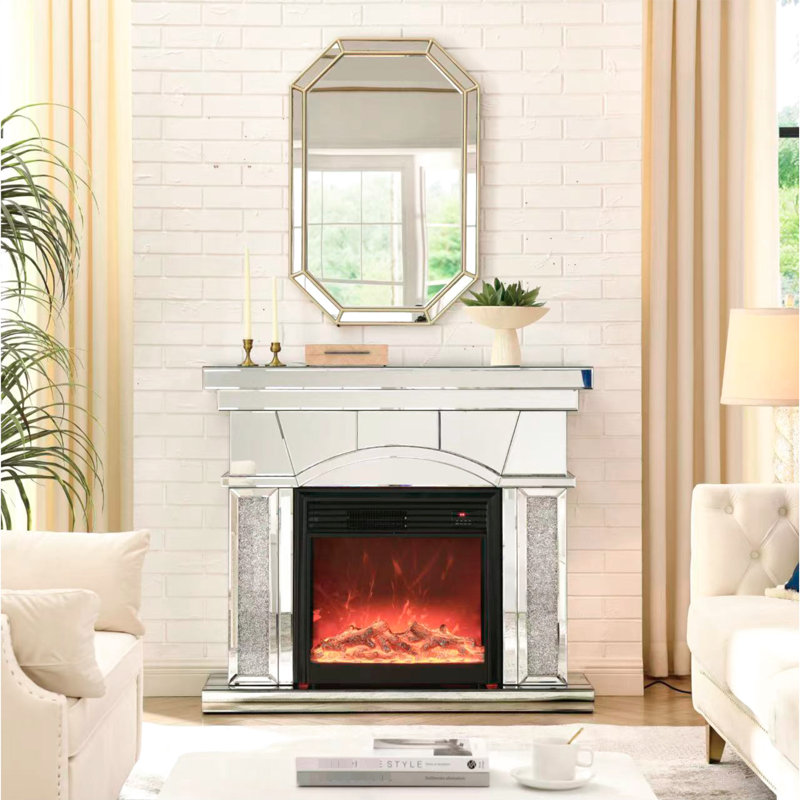 Artificial Crystals Fireplace, Electric 750W & 1500W Heating, 3D Flame Effect, Remote Included, Protected, Black Portable Fireplace With Mirror Finish Crystals, Realistic Flames, Control, Measures,