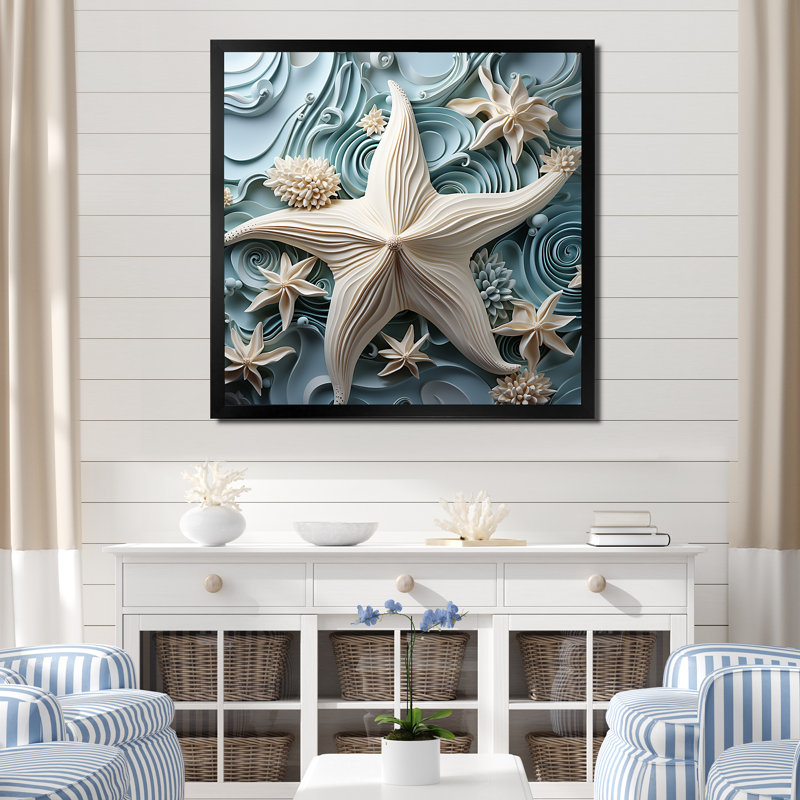 «White and Blue Oceanic Starfish Gem», art mural étoile de mer, H 30 po x l 30 po, Noir