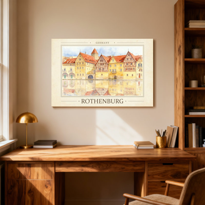Paysages pittoresques et urbains, Rothenburg, aquarelle, bâtiments, reflet, rivière, ciel, H 16 po x l 24 po