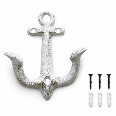 Vintage Cast Iron Nautical Anchor Wall Hooks Coastal Towel Hooks Decorative Wall Mounted Hanger for Beach House Lake House or Bathroom Decor Rustic Nautical Towel Rack (White, 1 Pack)