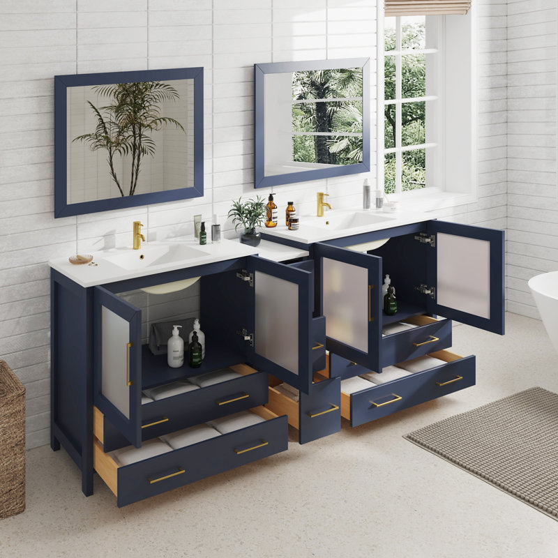 Ensemble de meuble-lavabo autoportant à double cuve 84 po avec plateau en céramique et miroirs assortis Brescia, Bleu