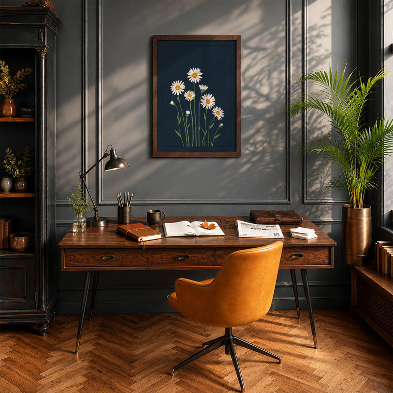 White Daisies on Navy Botanical - Framed Print, Walnut, A4 - 29.7 x 21.0 cm