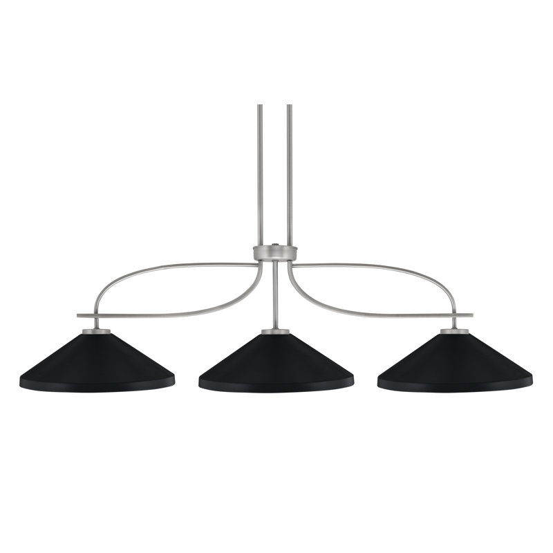 Cavella 3 Light Island Light Shown In Graphite Finish With 14" Graphite Cone Metal Shades, Matte Black