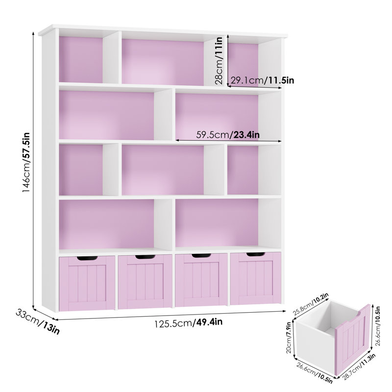 57.5"H 5-Tier Cube Storage Bookcase, Standard Bookcase with 4 Removable Drawers, Lavender Pink/White