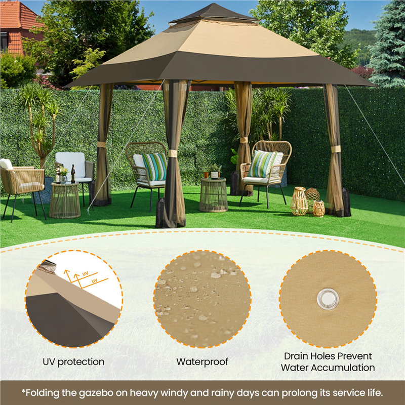 Patio Gazebo, Khaki/Brown, 291cm H x 401.5cm W x 401.5cm D