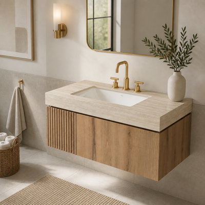 Plan de toilette en travertin fritté de 91 cm (36 po) avec lavabo encastré en céramique et 3 trous pour robinetterie