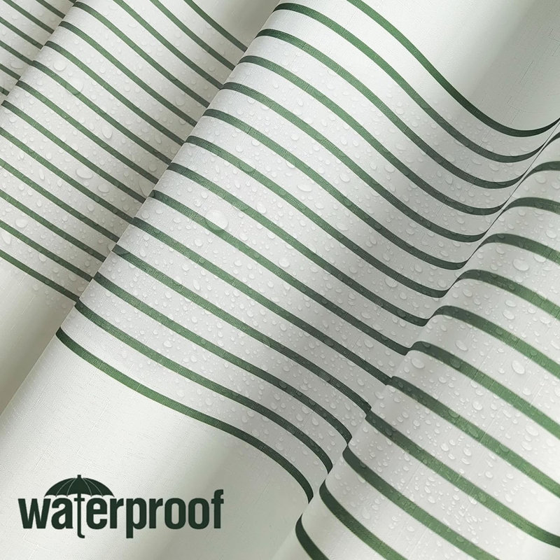 Sage Green and White Striped Fabric Shower Curtain with Pompoms