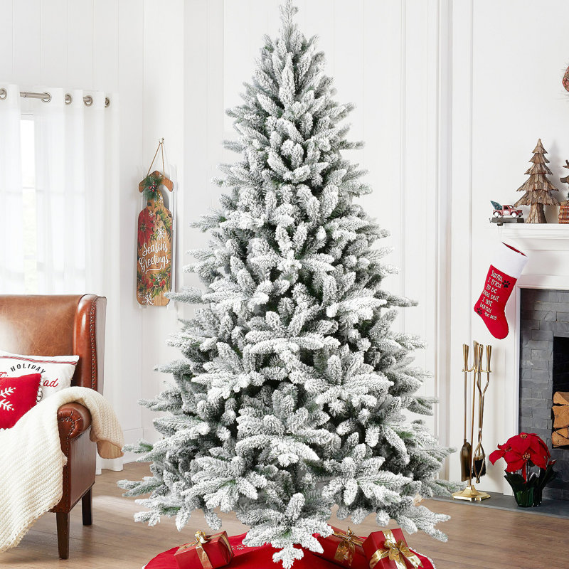 Arbre de Noël enneigé 7 pi avec 1514 pointes, arbre à charnières enneigé réaliste PE + PVC avec support en métal, arbre de Noël artificiel complet pour la décoration des Fêtes