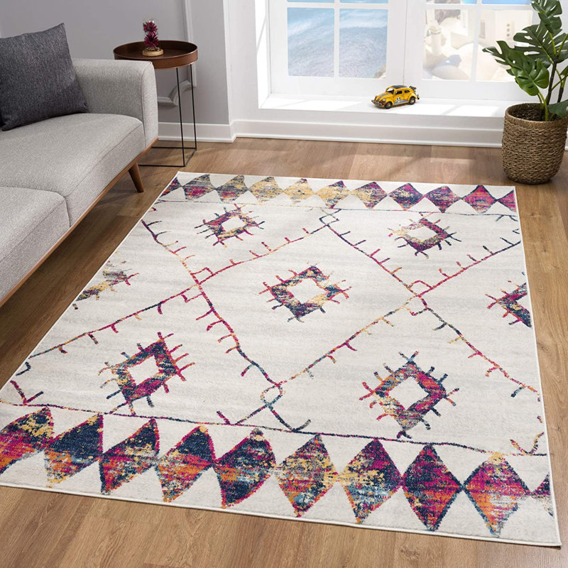 Tapis de couloir en polypropylène crème / bleu / rouge tissé à la machine 2 pi 3 po x 20 pi Amtul, Rectangle 5 po x 8 po