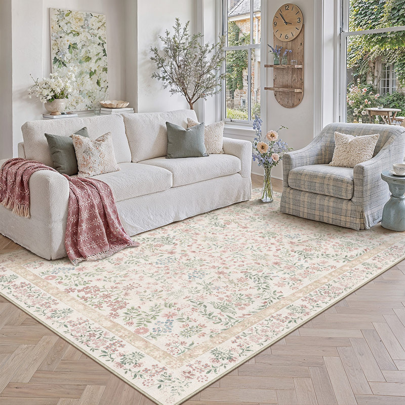 Tapis lavable à motif floral moderne Griffin avec envers antidérapant, Rose/beige, Rectangle 5 pi x 7 pi