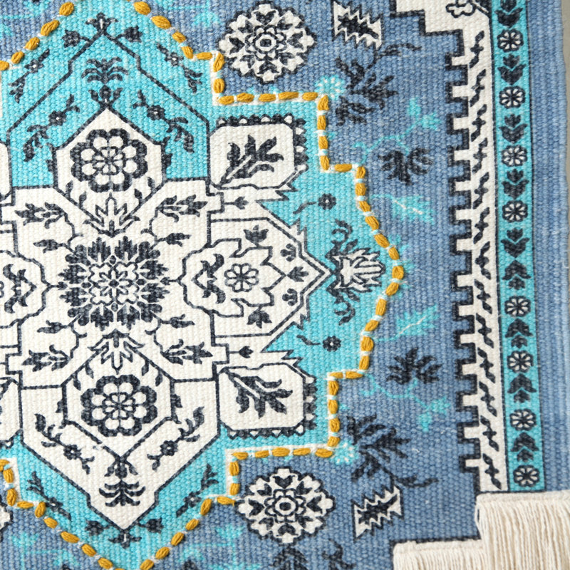 Cotton Wall Hanging, Teal Blue/Yellow/Off-White