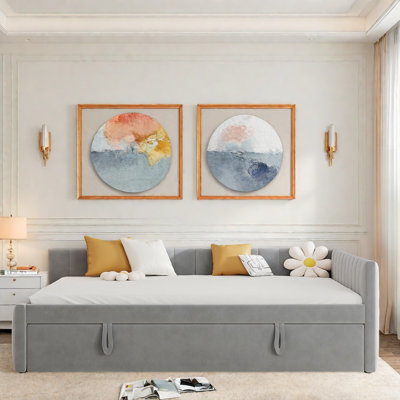 Upholstered L-shaped Daybed With Pop Up Trundle And Vertical Stripe Patterns by Hokku Designs